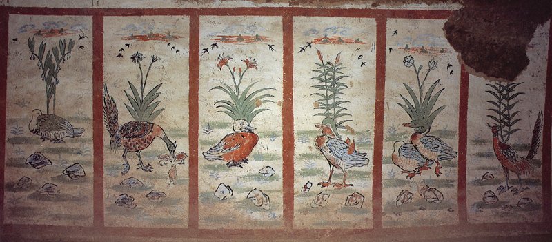 唐代8～9世紀新疆阿斯塔納217號墓後壁〈花鳥屏風壁畫〉。