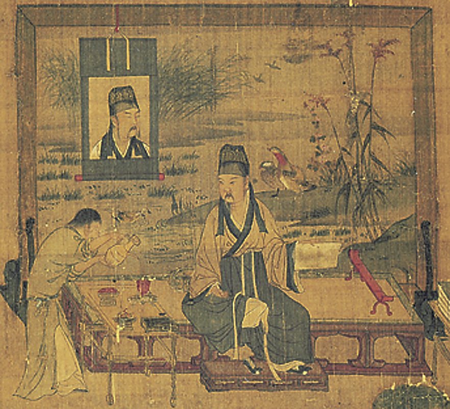 宋人〈人物圖〉冊，局部，床榻背後花鳥屏風，台北故宮博物院藏。 圖9 宋人〈秋塘雙雁圖〉軸，台北故宮博物院藏。