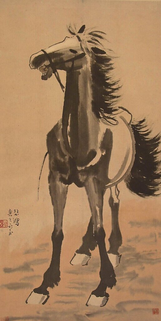 徐悲鴻〈嘶馬圖〉，紙本設色立軸，縱108公分、橫54.3公分。