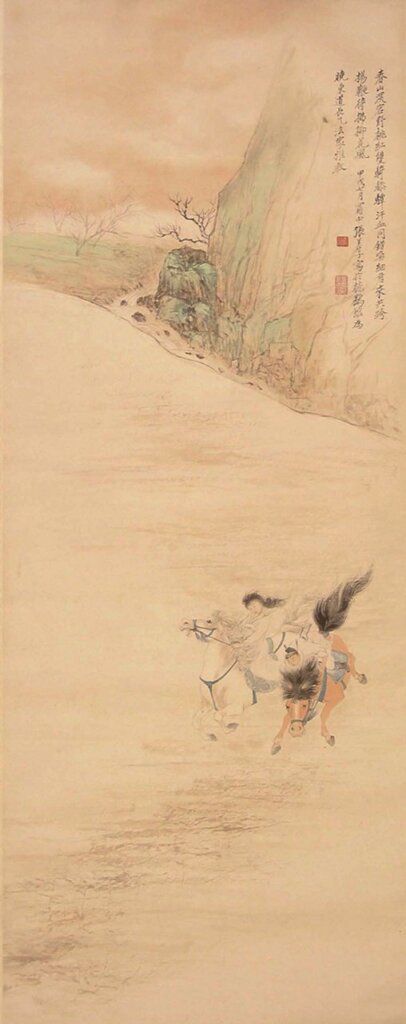 張澤〈春郊試馬圖〉，紙本設色立軸，畫心縱154公分、橫46.5公分。
