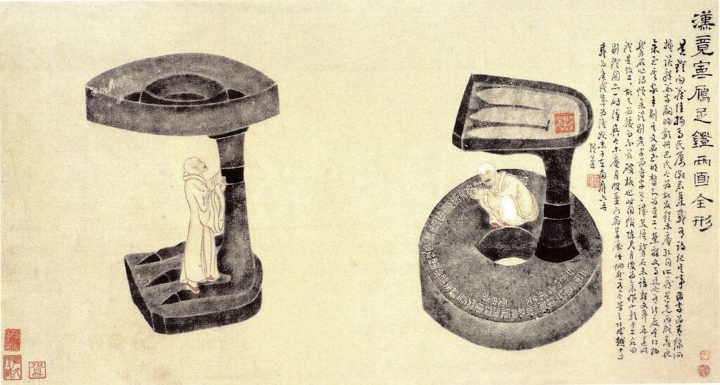 吳昌碩拓及考據、朱偁補繪1897年作〈博古花卉〉四屏，134×33公分×4，北京誠軒2005年11月8日，成交價人民幣22萬元。
