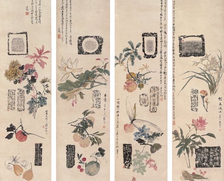 吳昌碩拓及考據、朱偁補繪1897年作〈博古花卉〉四屏，134×33公分×4，北京誠軒2005年11月8日，成交價人民幣22萬元。