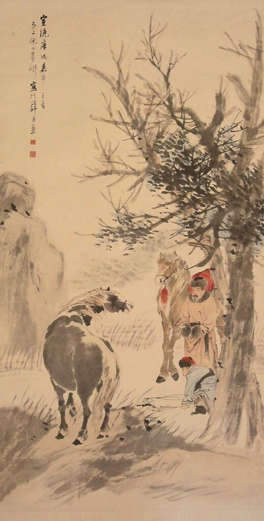 倪田1910年〈寒林雙駿圖〉，紙本設色立軸，畫心縱132公分、橫67公分。
