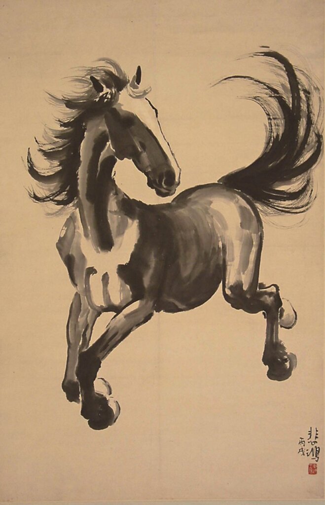 徐悲鴻1946年〈奔馬圖〉，紙本墨筆立軸，縱100公分、橫63公分。