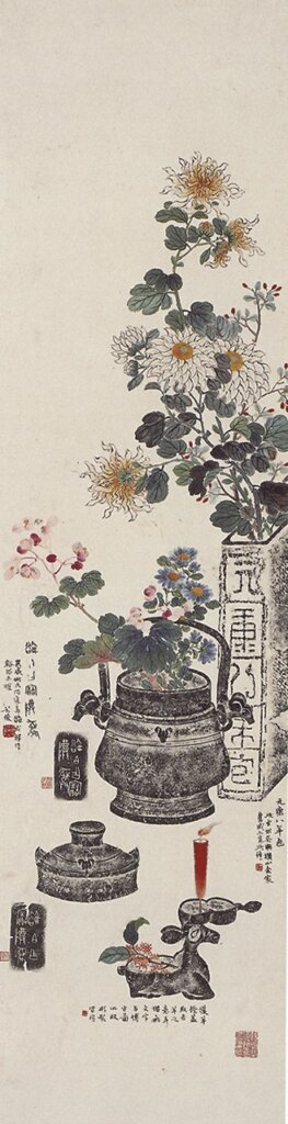 吳昌碩考據題識、姚慰祖拓、張倬補繪1885年作〈博古花卉〉四屏,151×40.5公分×4,中國嘉德2010年5月17日,成交價人民幣50萬4000元。