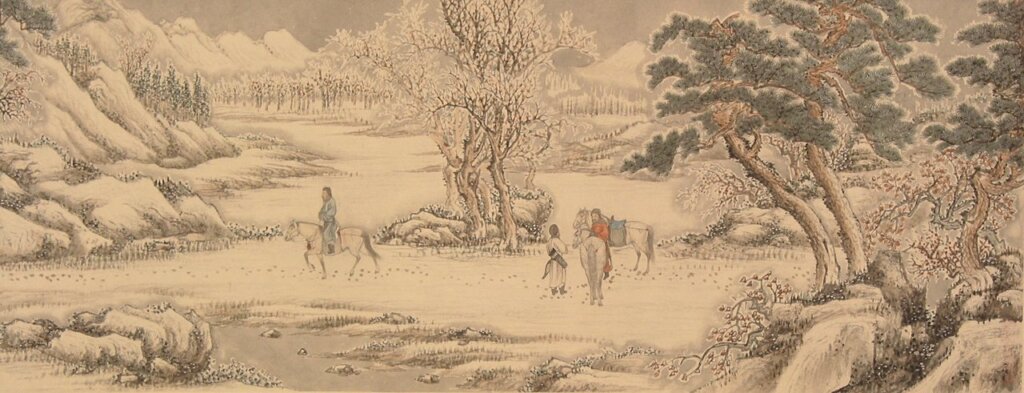 溥伒1934年〈冬郊射獵圖〉，紙本設色手卷，縱18公分、橫129.5公分。圖為局部。