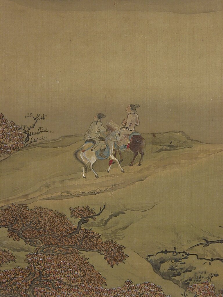 清袁江〈立馬看秋山圖〉，絹本設色立軸，畫心縱152公分、橫69公分。