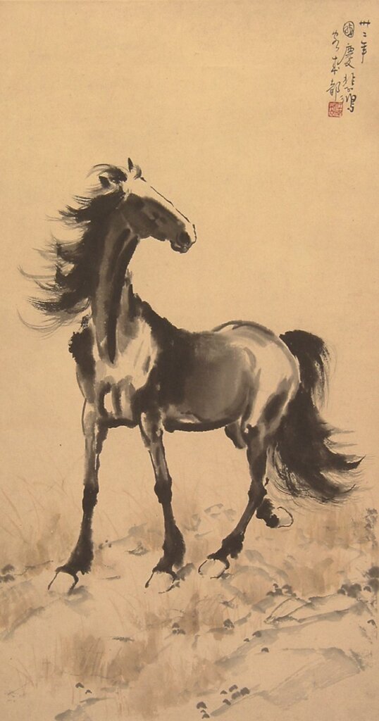 徐悲鴻1943年〈立馬秋郊圖〉，紙本設色立軸，縱82公分、橫44.5公分。