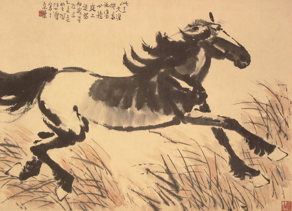 徐悲鴻1935年〈奔馬圖〉，紙本設色立軸，畫心縱79公分、橫110公分。