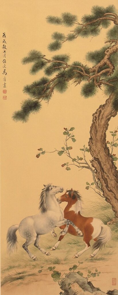 馬晉1958年〈雙駿圖〉，紙本設色立軸，縱107公分、橫41.5公分。