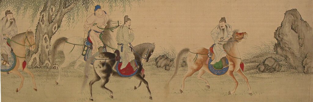 清汪浦〈春郊試馬圖〉，絹本設色手卷，縱201公分、橫25公分。圖為局部。