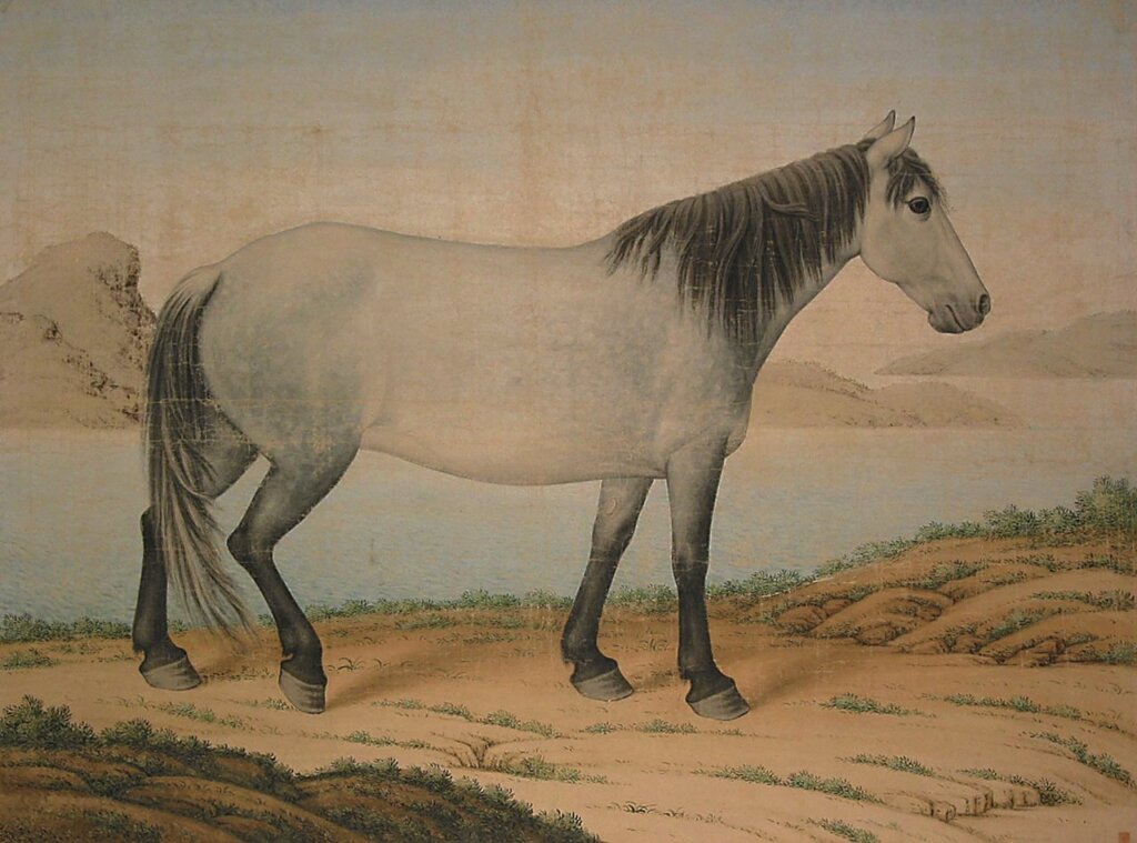 清無款〈行馬圖〉，蠟箋設色立軸，畫心縱331公分、橫220公分。
