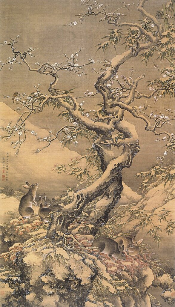 中國清代沈銓乾隆二年(1737)〈雪中遊兔圖〉,絹本水墨設色,230.5×131公分,日本泉屋博古館藏。
