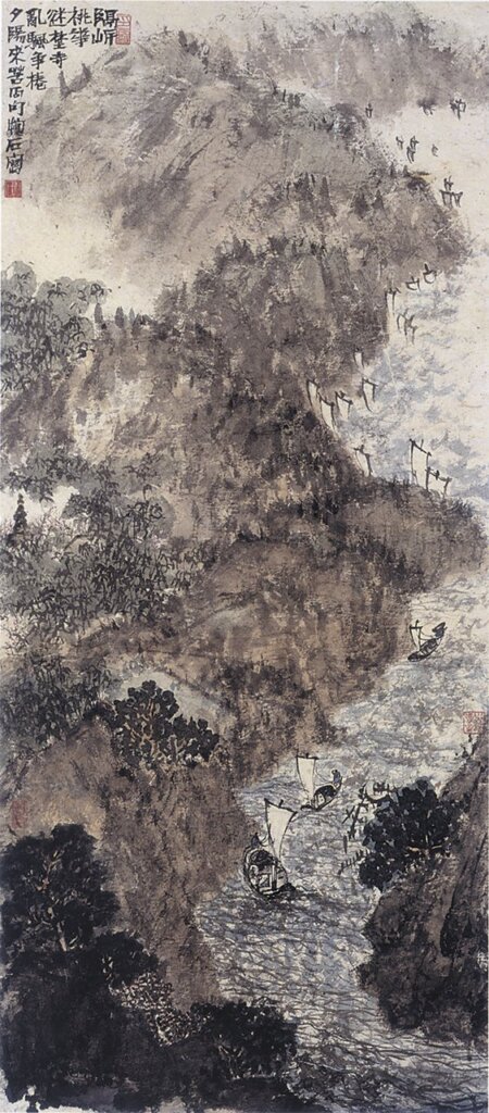 傅抱石約1941年〈亂帆爭卷夕陽來〉軸,紙本設色,104×46公分。