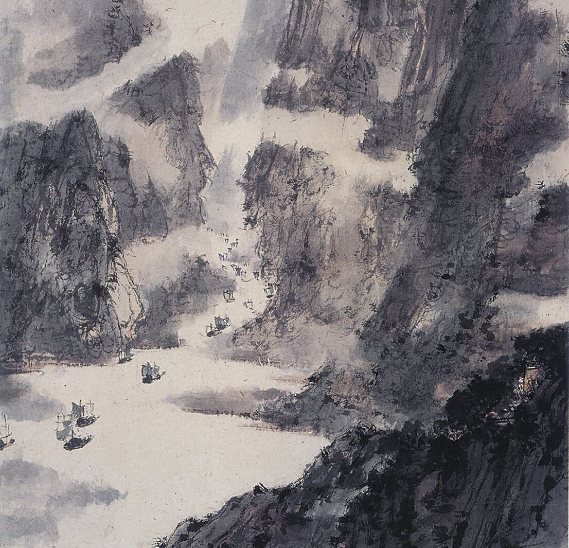 傅抱石1944年〈亂帆爭卷夕陽來〉軸,紙本設色,62×54公分。
