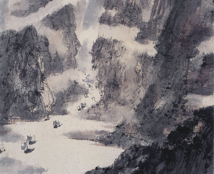 傅抱石1944年〈亂帆爭卷夕陽來〉軸，紙本設色，62×54公分。