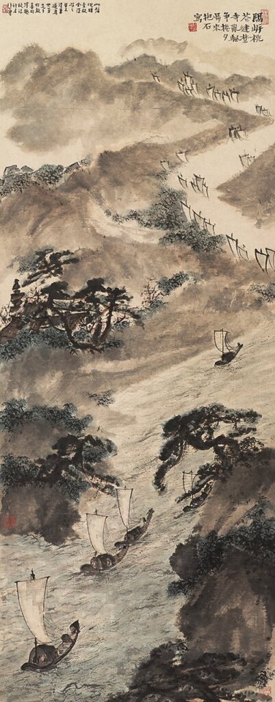 傅抱石約1941年春〈亂帆爭卷夕陽來〉軸,紙本設色,126×50公分。