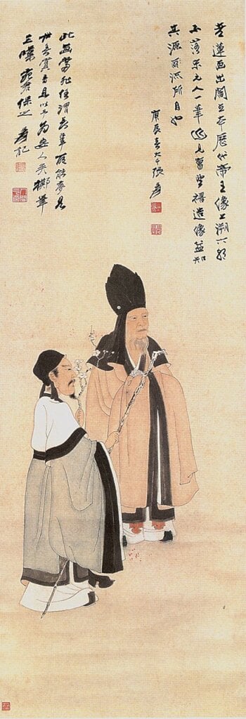 張大千〈二叟賞梅圖〉，設色紙本立軸，131.5×47公分，吉林省博物院藏。