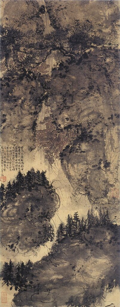傅抱石約1941年〈擬梅瞿山筆意圖〉軸,紙本設色,74.5×29公分。