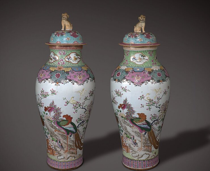 清雍正〈粉彩五禽圖飾將軍蓋罐〉一對。圖／Jorge Welsh Oriental Porcelain and Works of Art。
