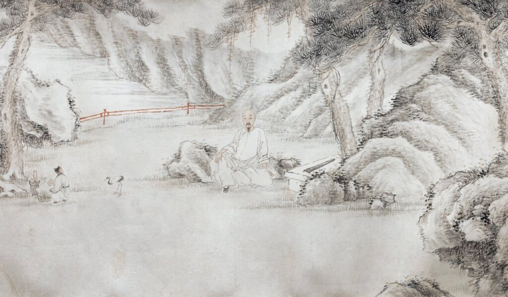 中國清代道光十四年（1834）湯貽汾〈坐石聽松圖卷〉，紙本水墨淺設色，32.5×176公分，日本黑川古文化研究所藏。圖為局部。