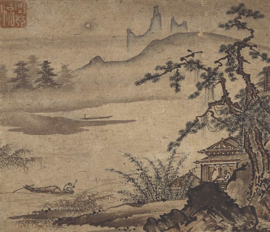 日本室町時期（15世紀末～16世紀初）興悅〈山水圖〉，紙本水墨淺設色，20.3×23.9公分，日本大和文華館藏。
