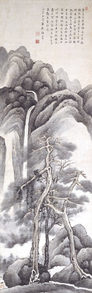 中國清代康熙三年（1664）顧大申〈老松飛瀑圖〉，紙本水墨淺設色，152.8×47.7公分，日本大阪市立美術館藏。