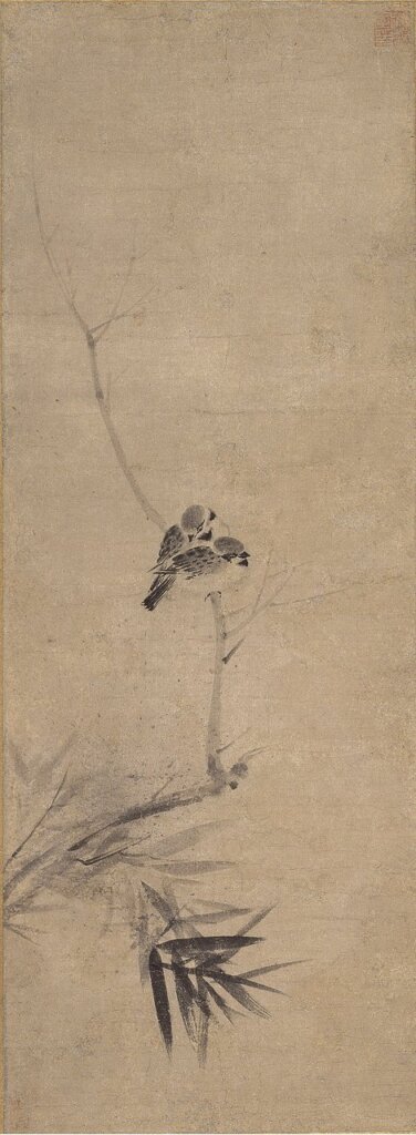 南宋~元傳牧谿〈竹雀圖〉,84.5×30.9公分,日本重要文化財,日本根津美術館藏。©Photo courtesy Nezu Museum。