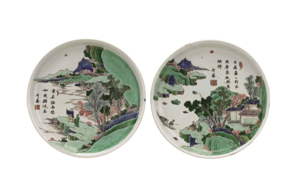 清琺瑯彩繪瓷盤一對 。
