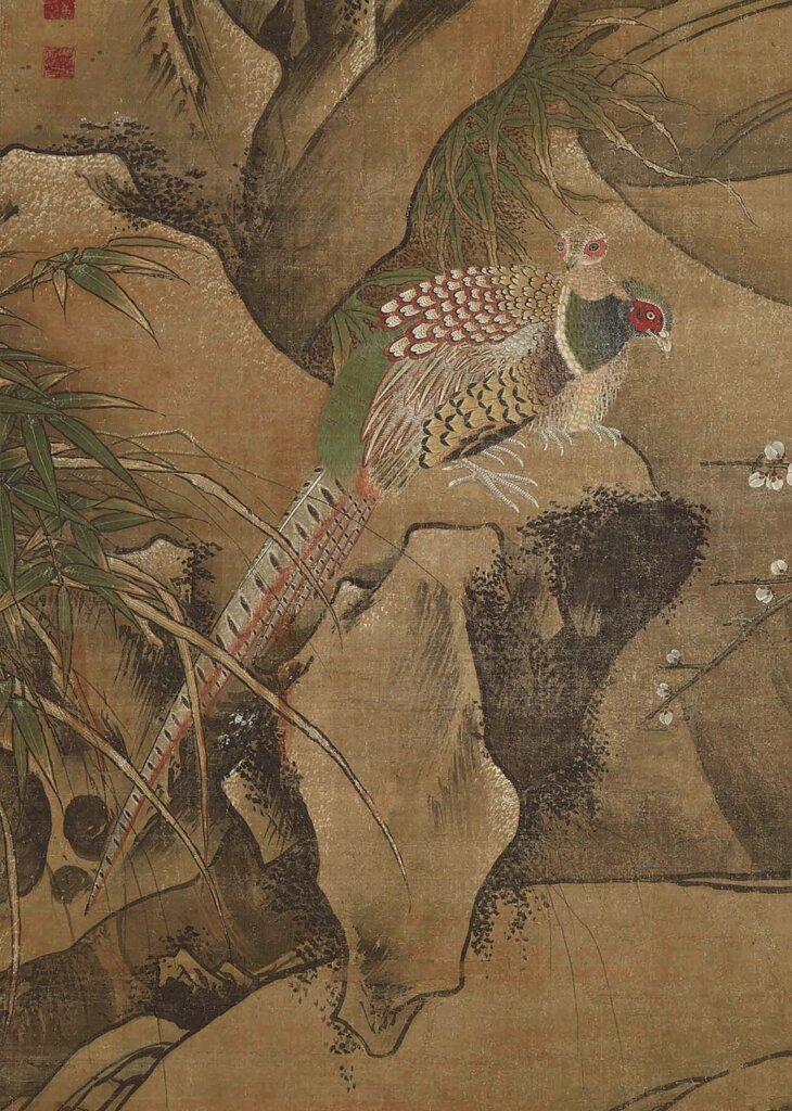 明呂紀〈四季花鳥圖〉，每屏174.4×99.7公分，日本重要文化財，圖為冬景屏及其局部，日本東京國立博物館藏。©Photo courtesy TNM Image Archives。