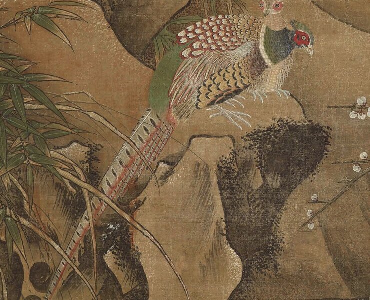 明呂紀〈四季花鳥圖〉，每屏174.4×99.7公分，日本重要文化財，圖為冬景屏及其局部，日本東京國立博物館藏。©Photo courtesy TNM Image Archives。