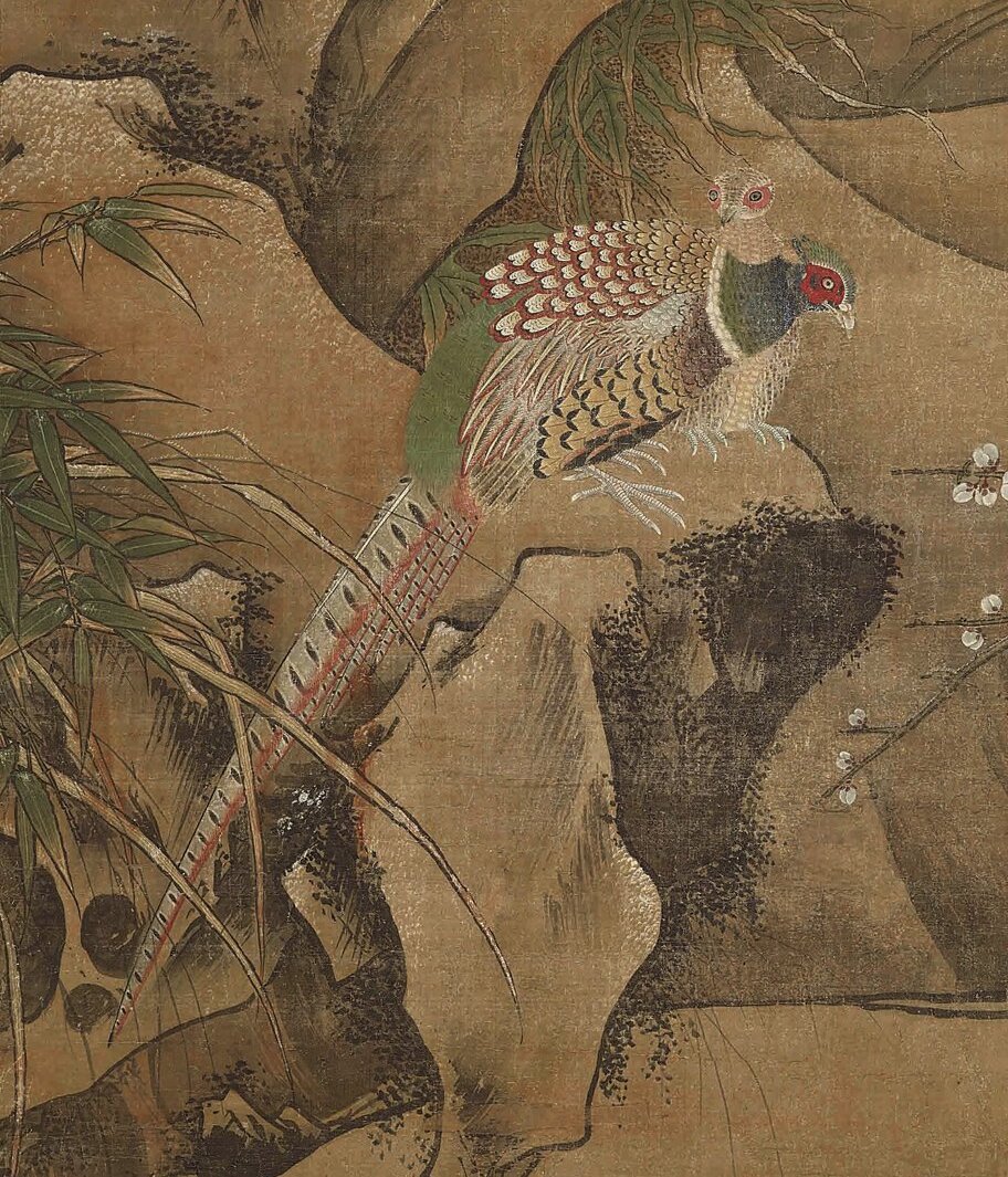 明呂紀〈四季花鳥圖〉,每屏174.4×99.7公分,日本重要文化財,圖為冬景屏及其局部,日本東京國立博物館藏。©Photo courtesy TNM Image Archives。