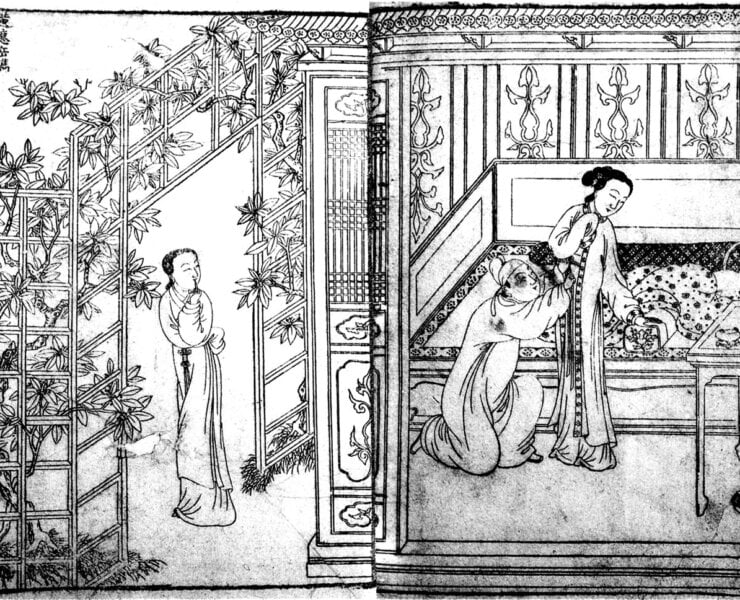 汪耕繪〈月下佳期〉，《北西廂記》，玩虎軒，約1597，安徽省博物館藏。