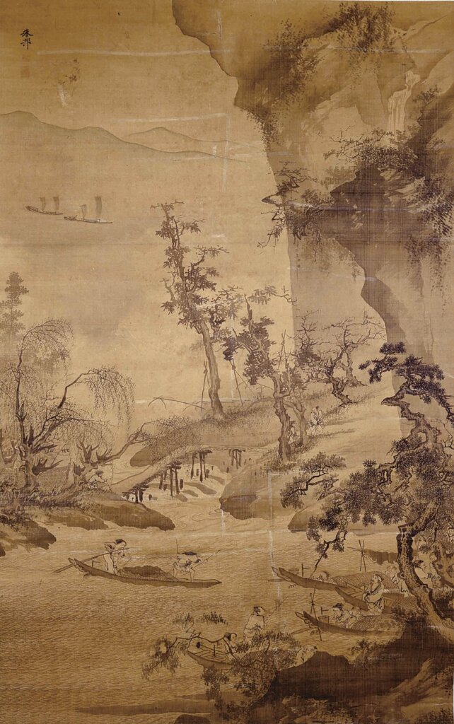 明朱邦〈溪谷漁父〉軸。