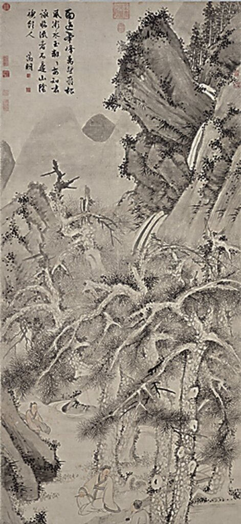 文徵明〈松下觀泉圖〉軸,國立故宮博物院藏。圖為畫面上方局部。