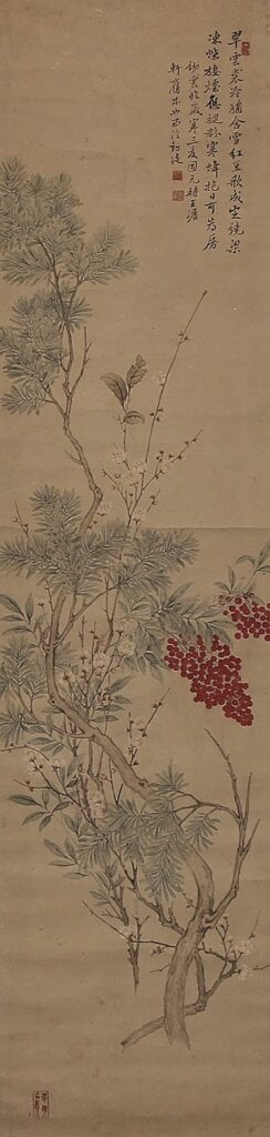 日本江戶時代(18世紀)張莘〈花卉圖〉對幅,東京國立博物館藏。