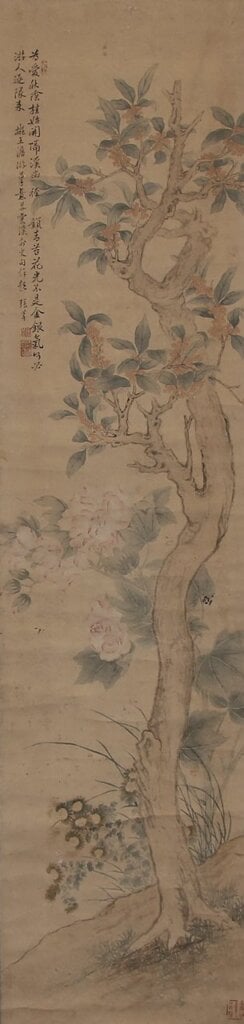 日本江戶時代(18世紀)張莘〈花卉圖〉對幅,東京國立博物館藏。