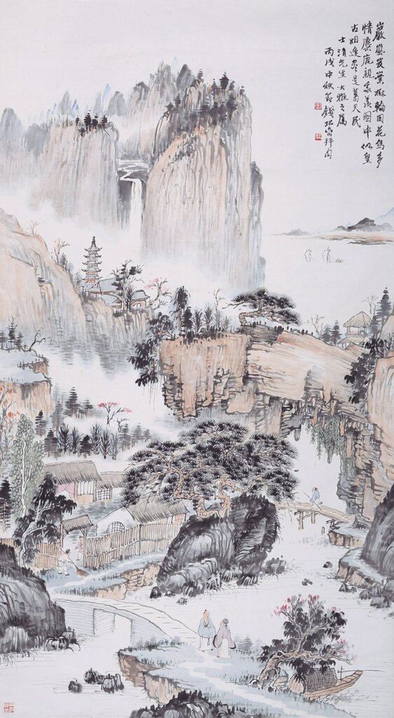 錢松喦〈皇古造訪圖〉，設色紙本鏡片，145×79公分。