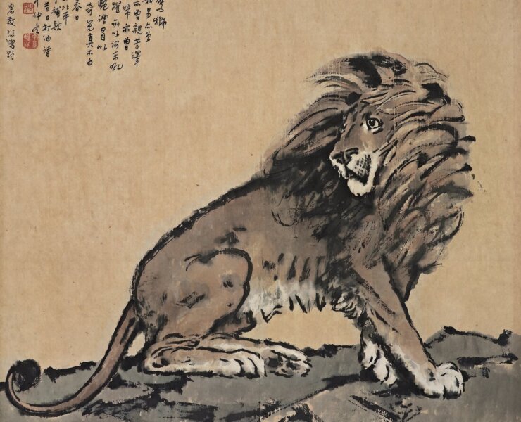 北京誠軒編號78徐悲鴻〈雄獅〉，預估價人民幣600萬～800萬元，成交價人民幣2185萬元。