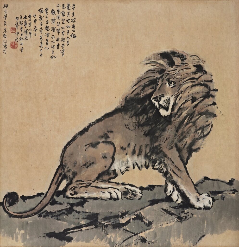 北京誠軒編號78徐悲鴻〈雄獅〉,預估價人民幣600萬~800萬元,成交價人民幣2185萬元。