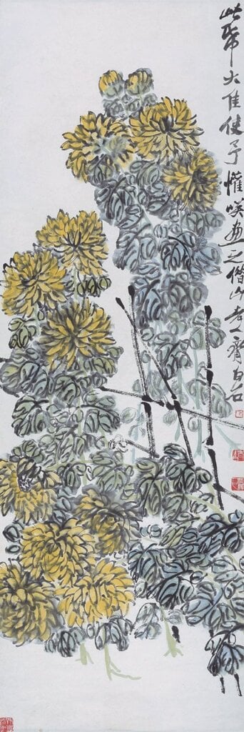 齊白石〈東籬菊黃圖〉，設色紙本立軸，148.5×48.5公分。