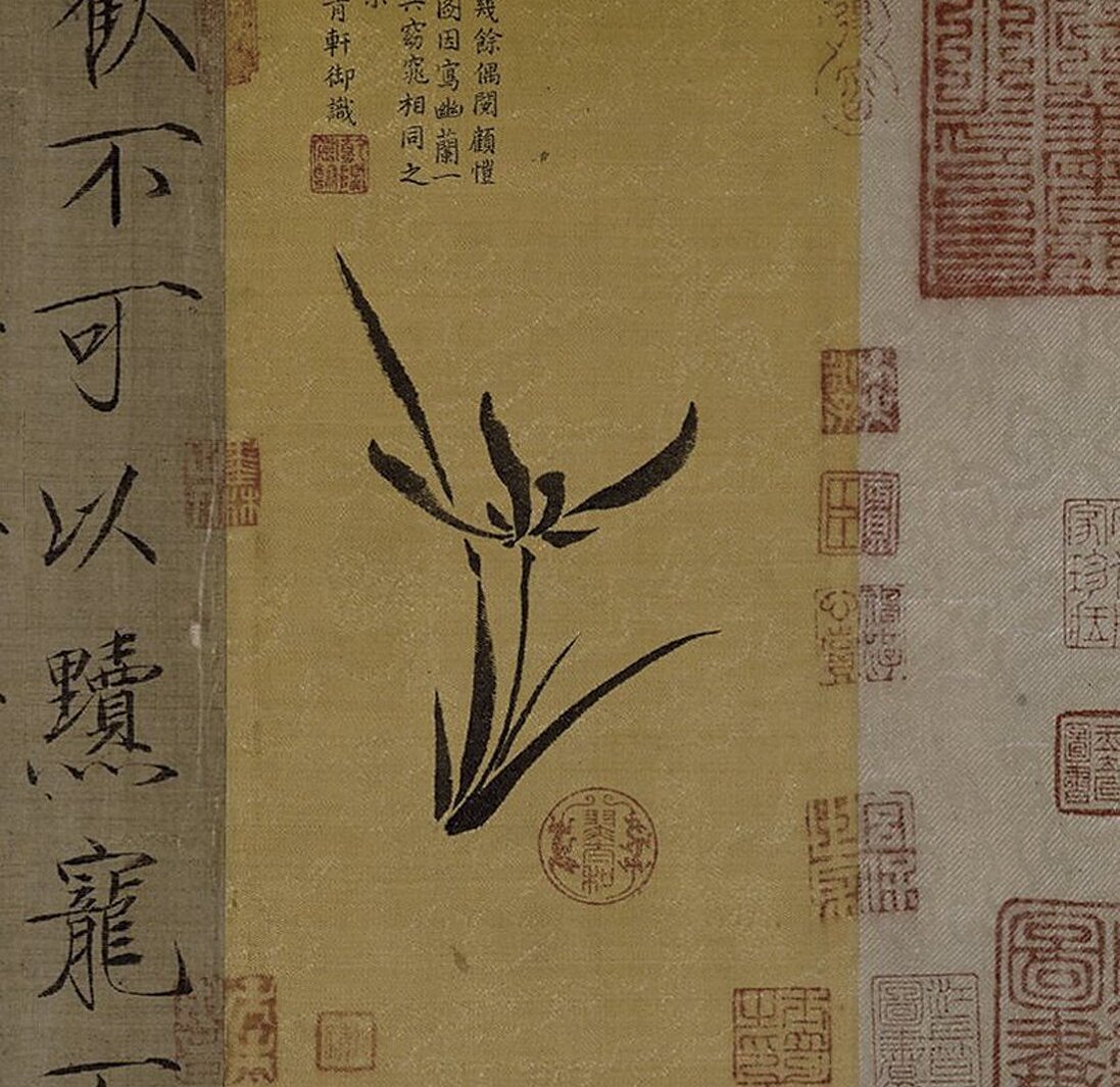 黃色絲絹花緞與乾隆之蘭花圖畫。©Trustees of the British Museum。