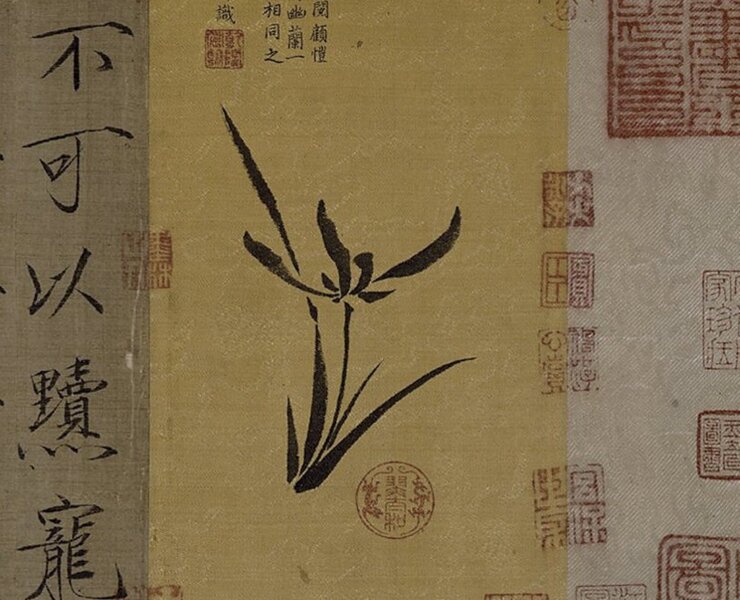黃色絲絹花緞與乾隆之蘭花圖畫。©Trustees of the British Museum。