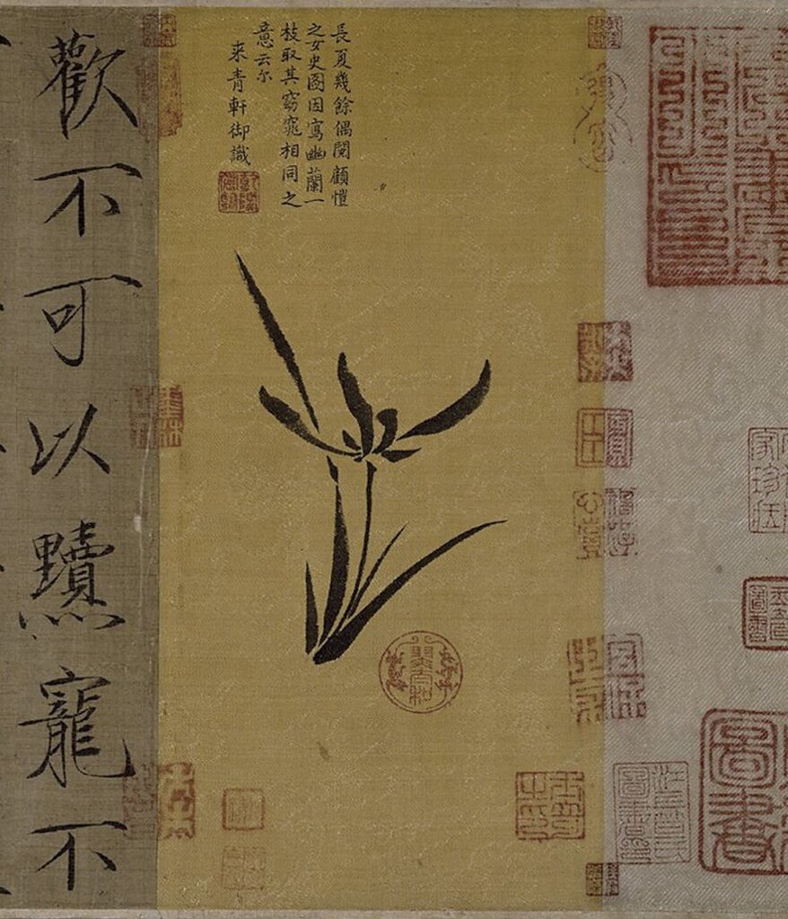 黃色絲絹花緞與乾隆之蘭花圖畫。©Trustees of the British Museum。