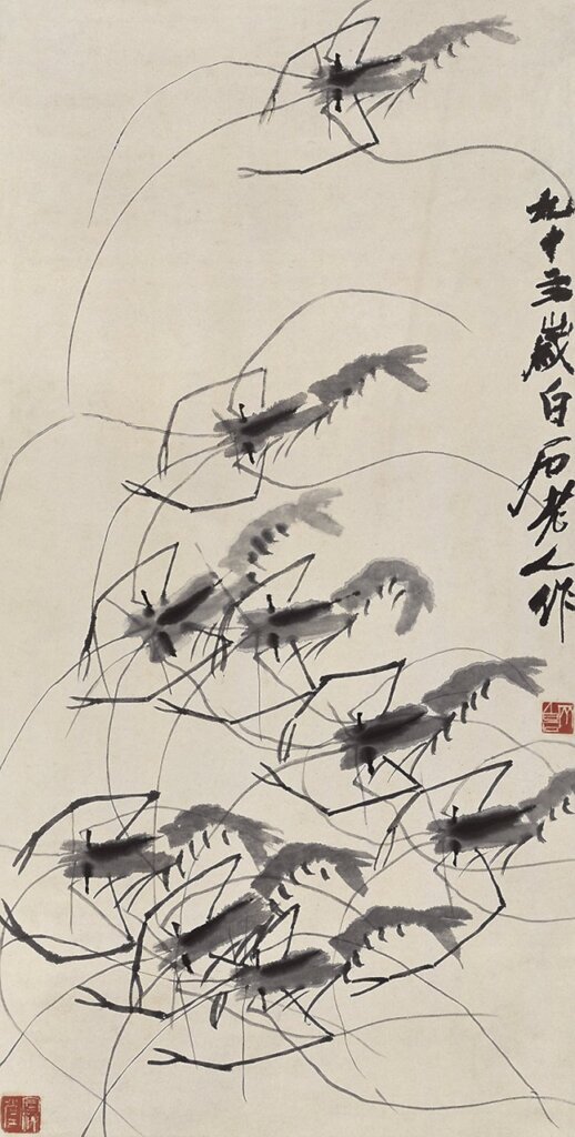 1956年作〈蝦〉，水墨紙本立軸，92.5×47公分。