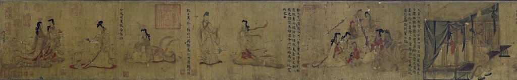 圖5~9 大英本〈女史箴圖〉右起:第五段「同衾以疑」;第六段「則繁爾類」;第七段「歡不可以瀆,寵不可以專」;第八段「靜恭自思」;第九段「敢告庶姬」。©Trustees of the British Museum。