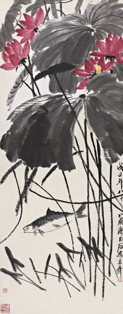 北京誠軒編號100齊白石〈紅荷魚影〉,預估價人民幣300萬~400萬元,成交價人民幣1725萬元。