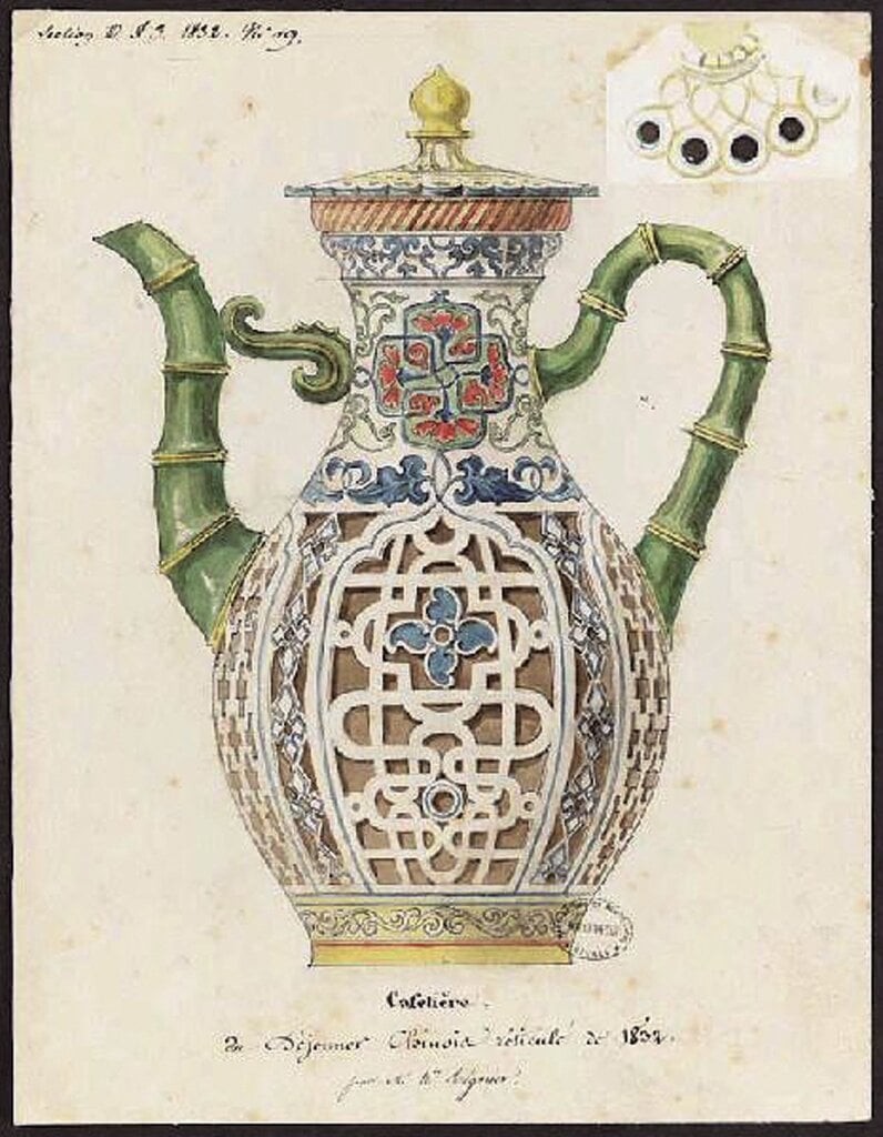 何涅於1832年所設計中式鏤空套組各種器形的稿樣,石墨構圖水彩畫填色稿。法國國立塞弗爾瓷窯廠,圖書文獻館藏。