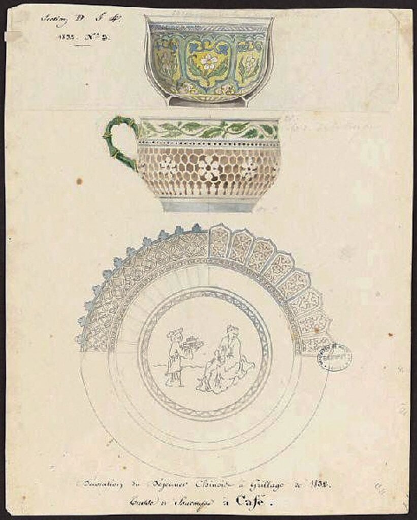 何涅於1832年所設計中式鏤空套組各種器形的稿樣,石墨構圖水彩畫填色稿。法國國立塞弗爾瓷窯廠,圖書文獻館藏。