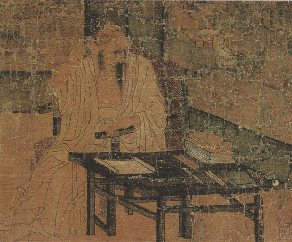 〈勘書圖〉局部,挑耳的高士。